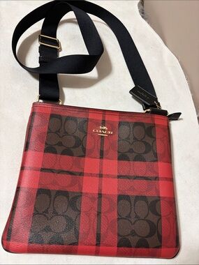 Coach Red and Brown Plaid Signature Crossbody